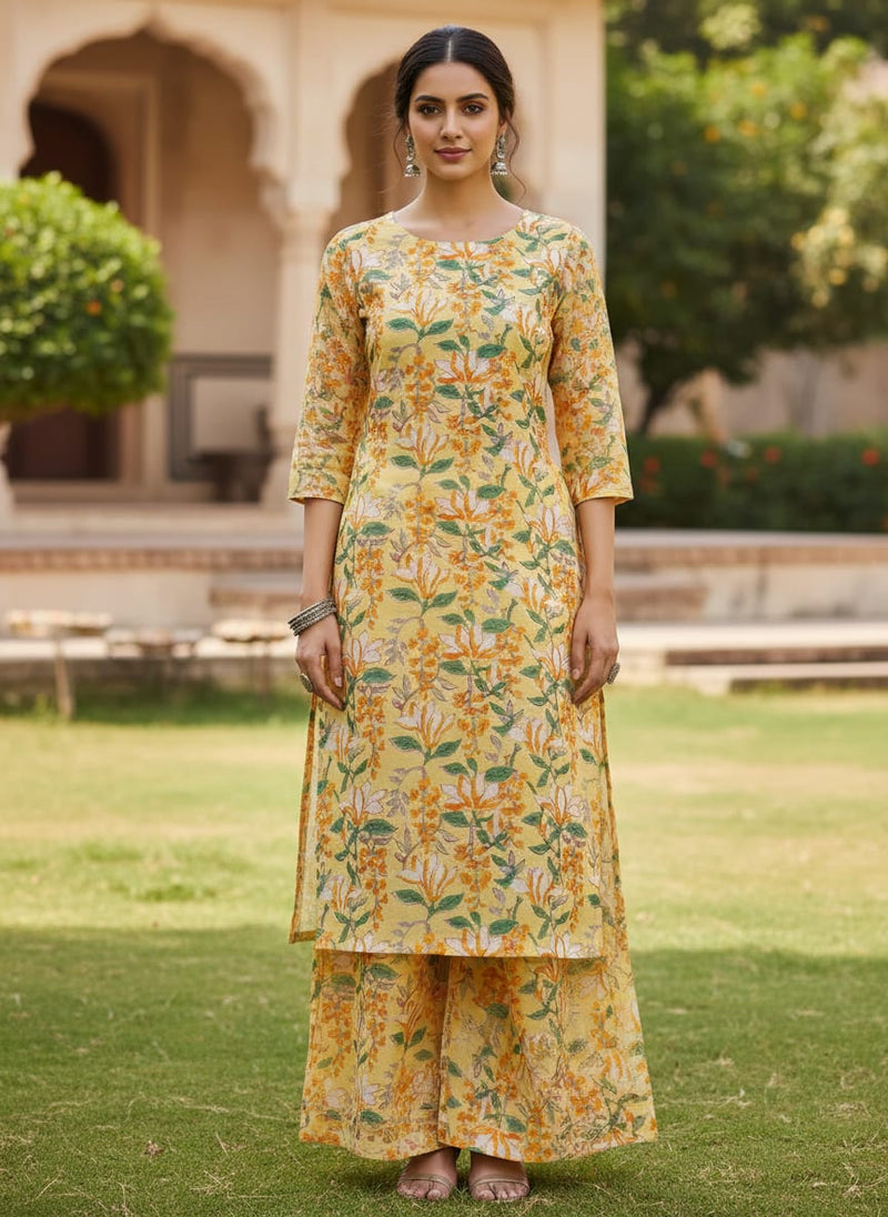 FAB VOGUE Studio Yellow Floral Digital Printed Kota Doria Fabric -  Polyester, 43 Inch