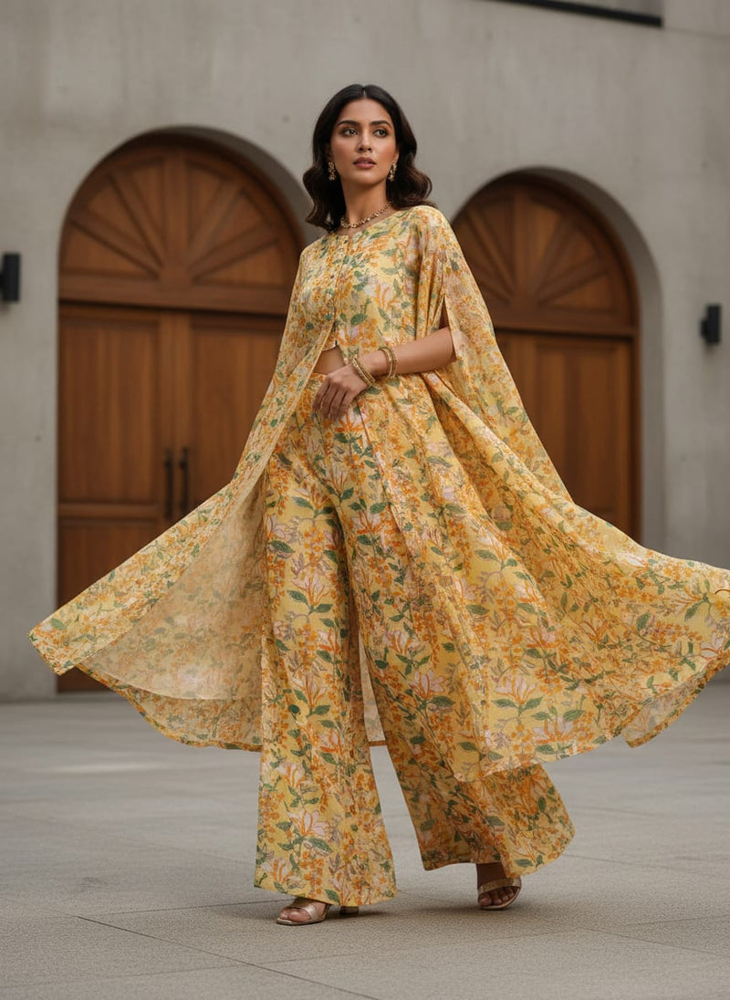 FAB VOGUE Studio Yellow Floral Digital Printed Kota Doria Fabric -  Polyester, 43 Inch