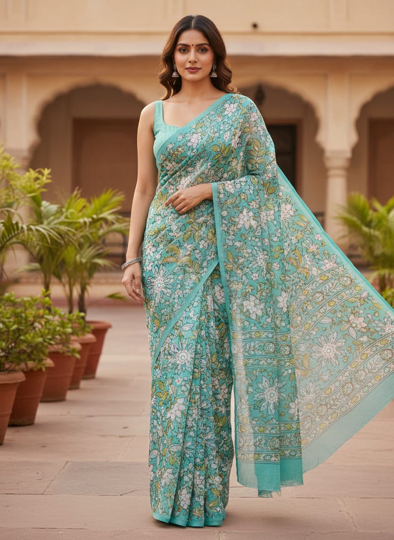 FAB VOGUE Studio Kota Doria Digital Printed Fabric - Turquoise Floral