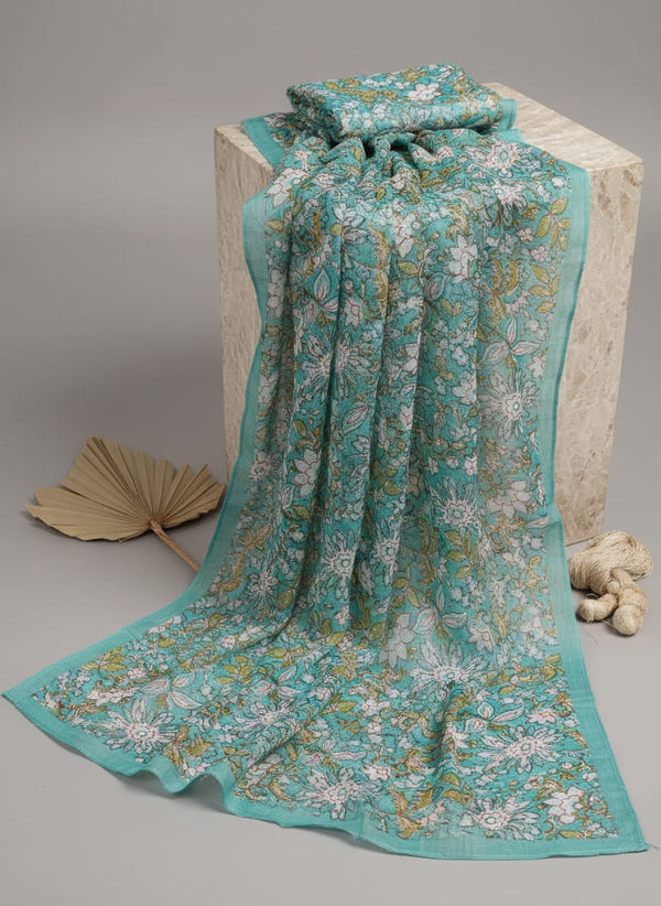 FAB VOGUE Studio Kota Doria Digital Printed Fabric - Turquoise Floral - Fabric Editorial Studio Flatlay Lookbook - KD-0-JA000134-110