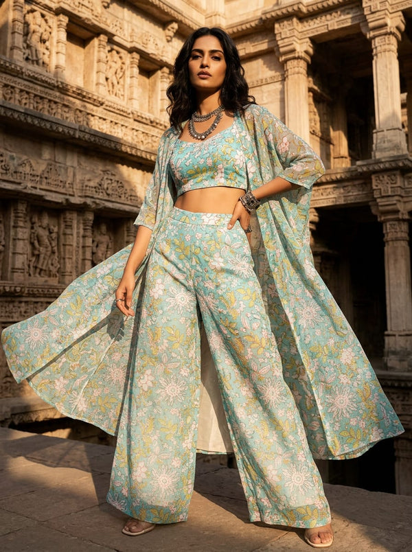 Teal Ethnic Floral Jaal Print Kota Doria Digital Printed Fabric - Cape with Palazzo Lookbook - KD-0-JA000134-110 - alternate view