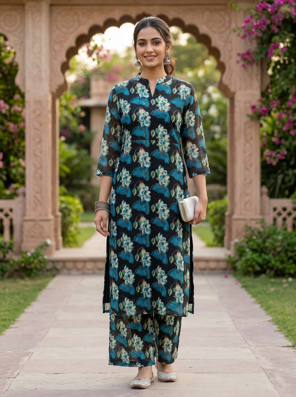 Multicolor Teal and White Floral Bloom Kota Doria Digital Printed Fabric - Straight Kurta with Palazzo Lookbook - KD-0-JA000256-110 - alternate view