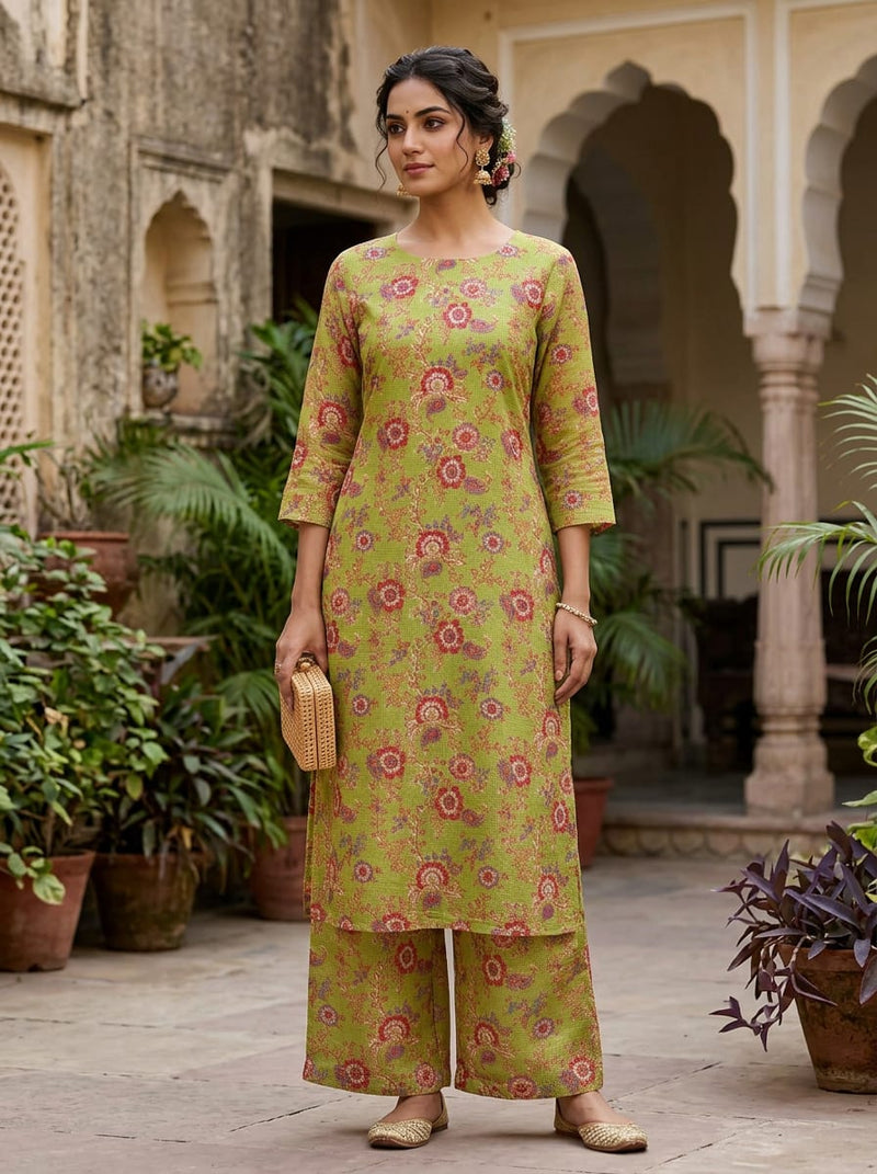 Green Ethnic Floral and Paisley Print Kota Doria Digital Printed Fabric