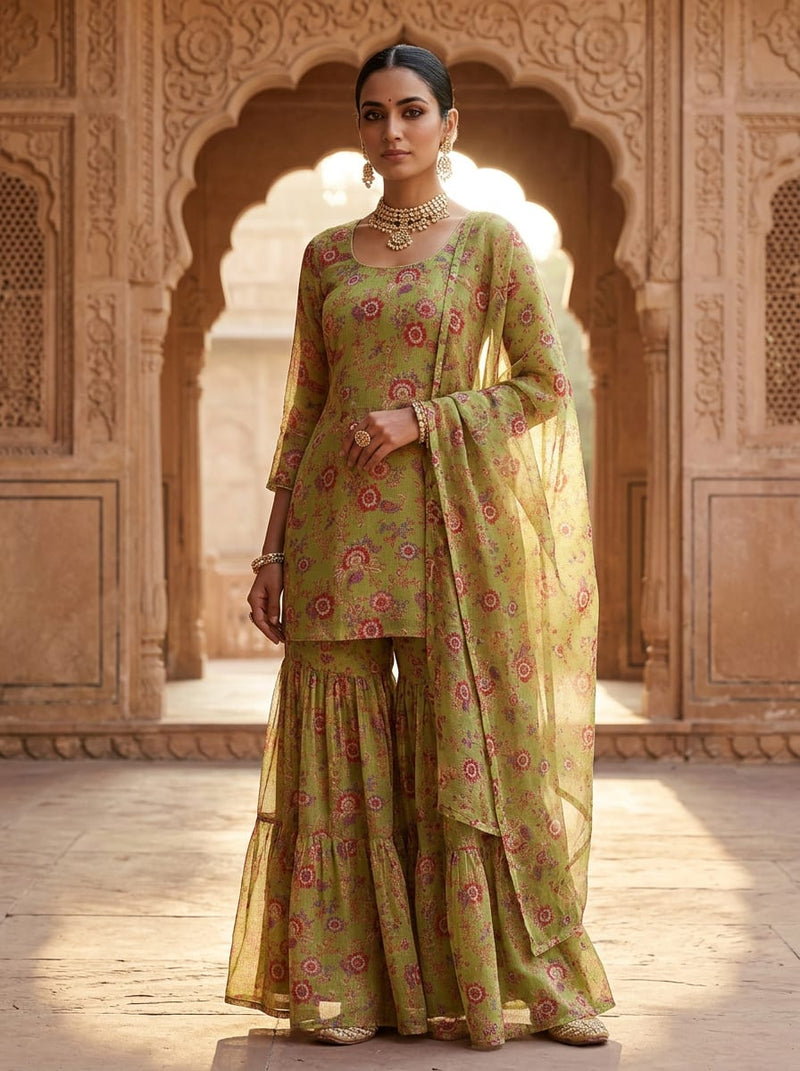 Green Ethnic Floral and Paisley Print Kota Doria Digital Printed Fabric