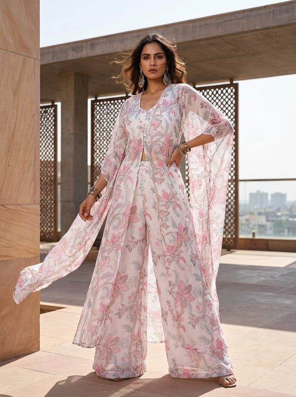 Pink Pastel Ethnic Floral Jaal Kota Doria Digital Printed Fabric - Cape with Palazzo Lookbook - KD-0-JA00023-110 - alternate view