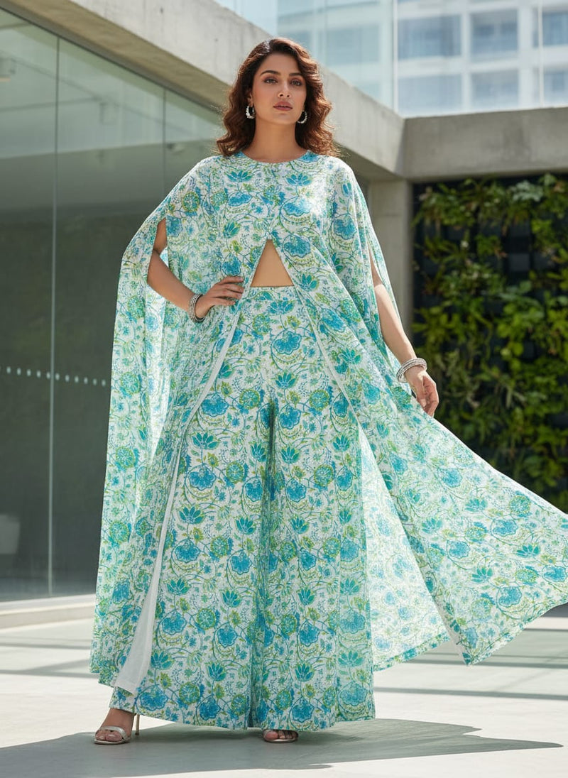 FAB VOGUE Studio Digital Printed Kota Doria Fabric -  Floral Blue & Green