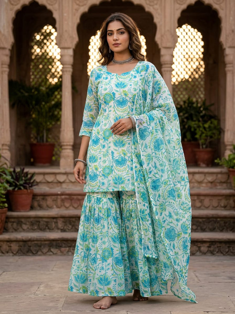 Blue and Green Ethnic Floral Vine Kota Doria Digital Printed Fabric