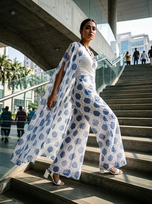 White Blue Botanical Leaf and Dot Print Kota Doria Digital Printed Fabric - Cape with Palazzo Lookbook - KD-0-JA000738-110 - alternate view