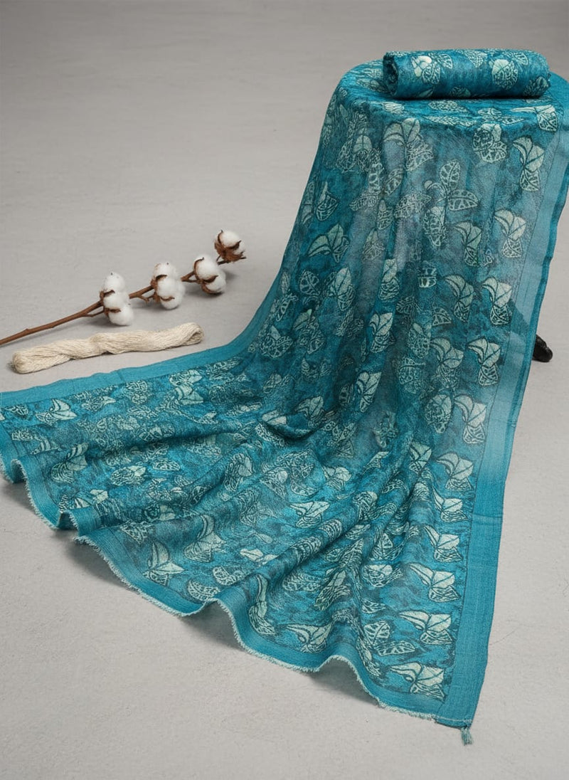 FAB VOGUE Studio Kota Doria Digital Printed Fabric - Teal Floral Design