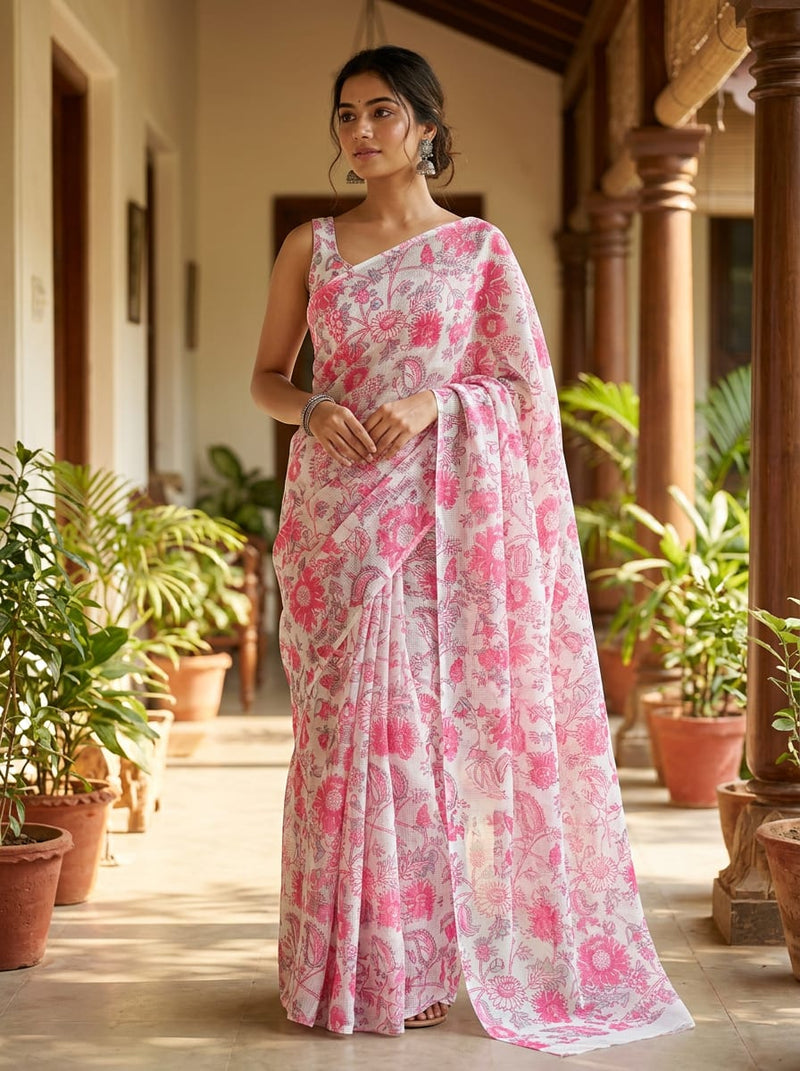 Pink Ethnic Floral and Paisley Print Kota Doria Digital Printed Fabric