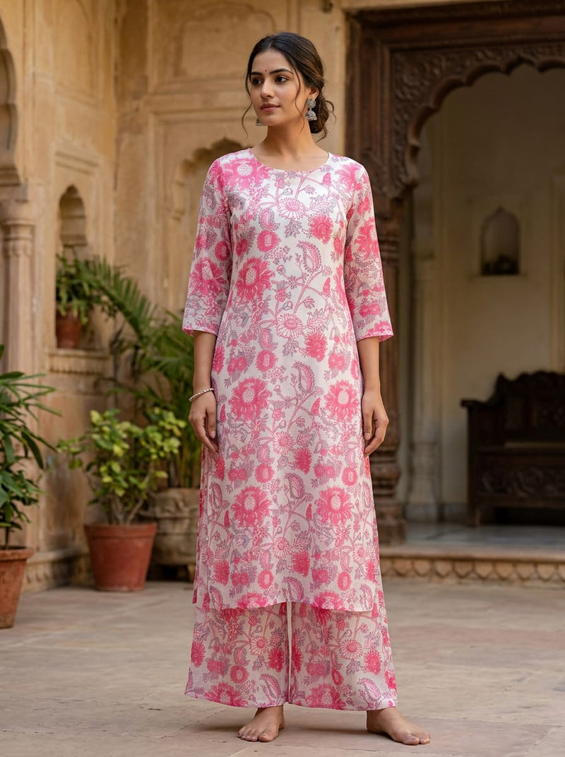 Pink Ethnic Floral and Paisley Print Kota Doria Digital Printed Fabric