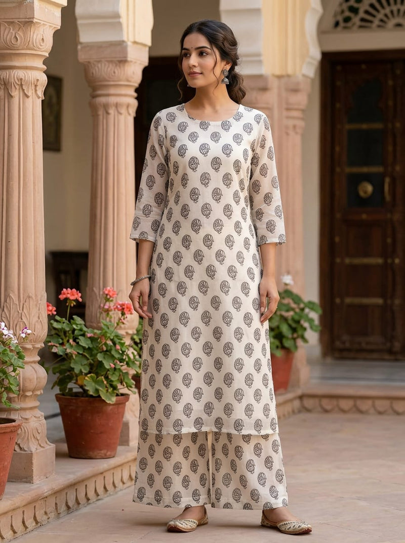 White Ethnic Paisley Motif Kota Doria Digital Printed Fabric