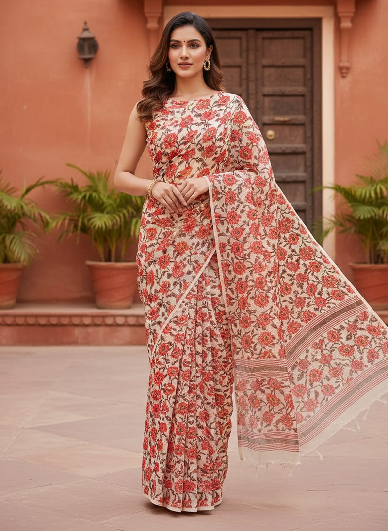 FAB VOGUE Studio -  Kota Doria Digital Printed  Polyester Fabric (Red Floral) - Sold by Meter