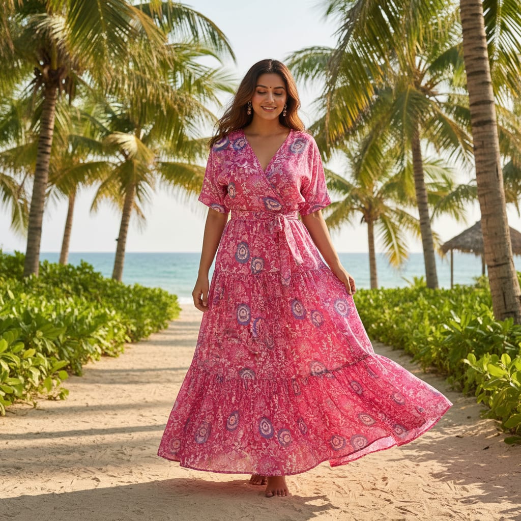 FAB VOGUE Studio Digital Printed Kota Doria Fabric - Pink Floral