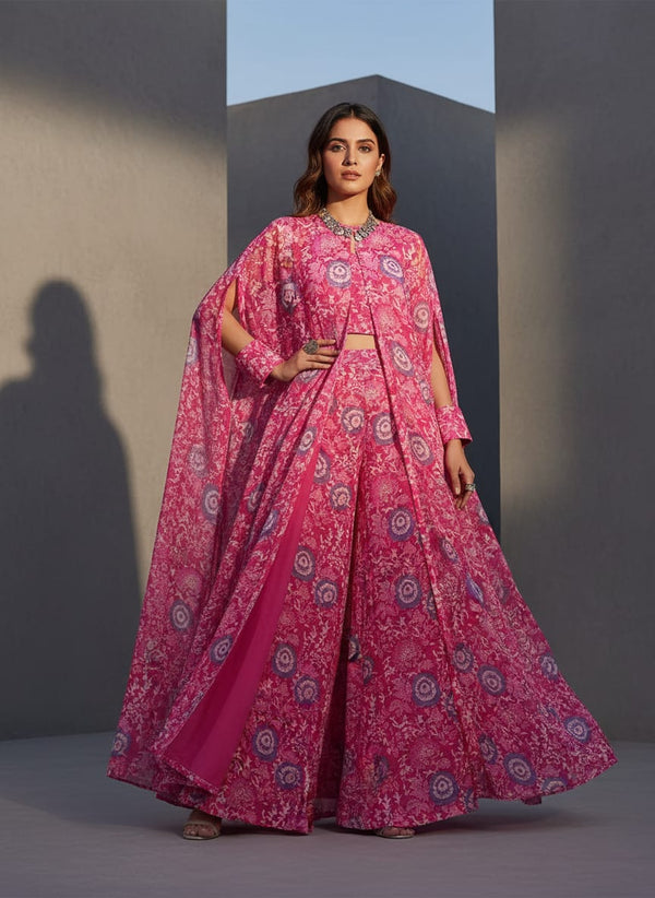 FAB VOGUE Studio Digital Printed Kota Doria Fabric - Pink Floral - Cape with Palazzo Lookbook - KD-0-JA000114-110 - alternate view
