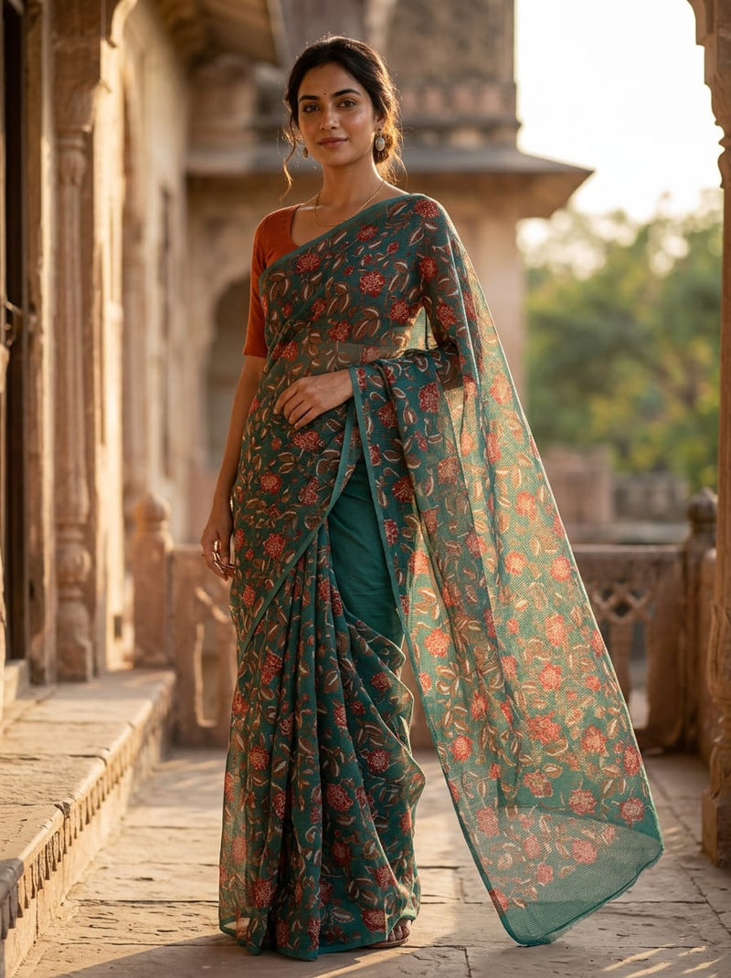Teal Ethnic Floral Jaal Print Kota Doria Digital Printed Fabric