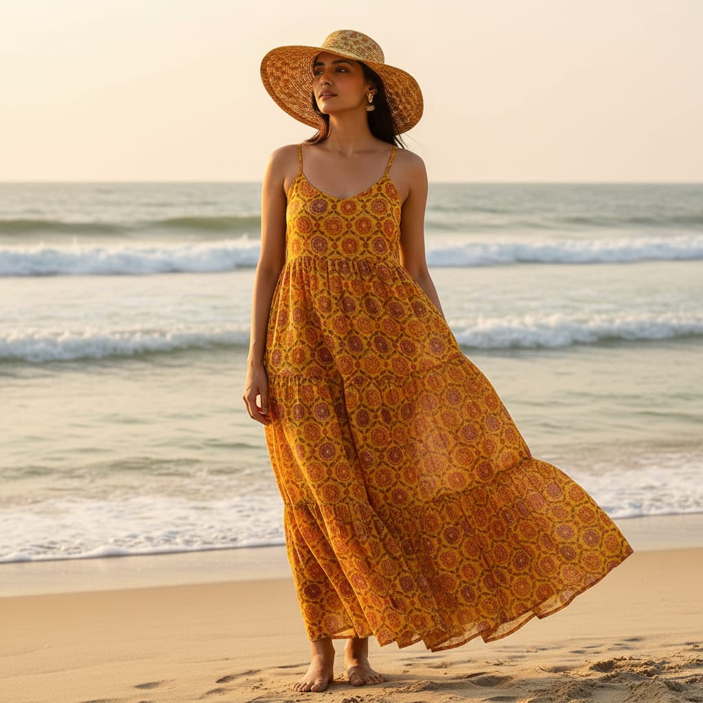 FAB VOGUE Studio Kota Doria Digital Printed Fabric - Mustard Yellow Floral