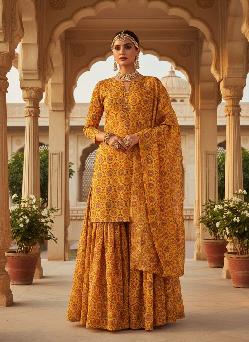 FAB VOGUE Studio Kota Doria Digital Printed Fabric - Mustard Yellow Floral