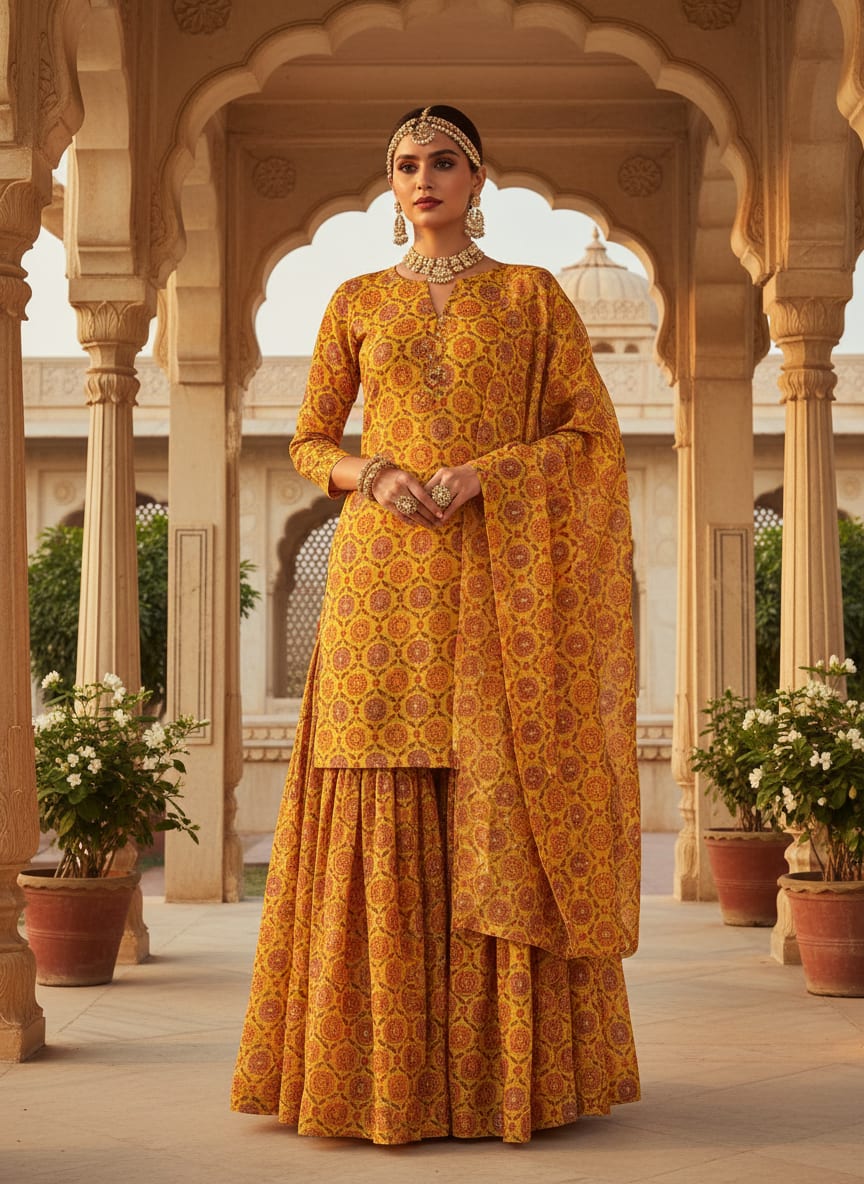 FAB VOGUE Studio Kota Doria Digital Printed Fabric - Mustard Yellow Floral