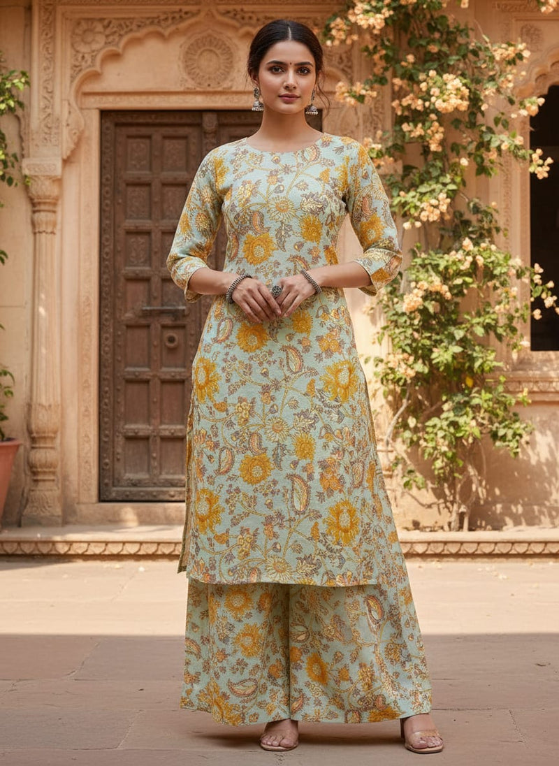 FAB VOGUE Studio Digital Printed Kota Doria Fabric - Yellow Floral Print