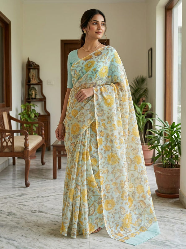Yellow Ethnic Floral and Paisley Print Kota Doria Digital Printed Fabric - Saree Lookbook - KD-0-JA000172-110 - alternate view