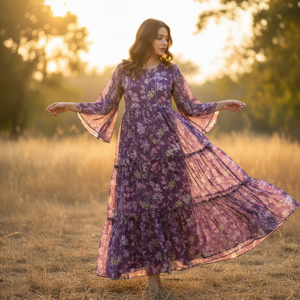 FAB VOGUE Studio Purple Floral Chiffon Fabric - Digital Printed Polyester