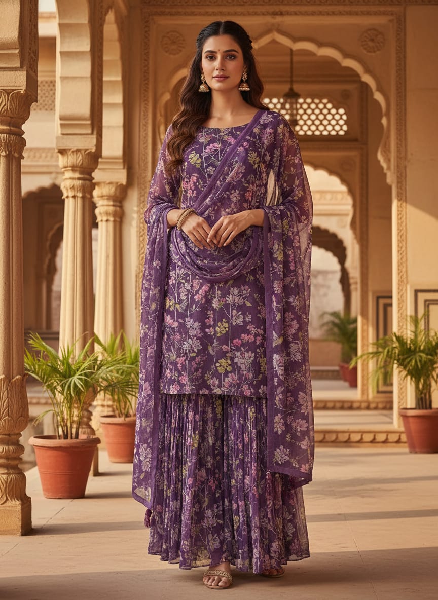 FAB VOGUE Studio Purple Floral Chiffon Fabric - Digital Printed Polyester