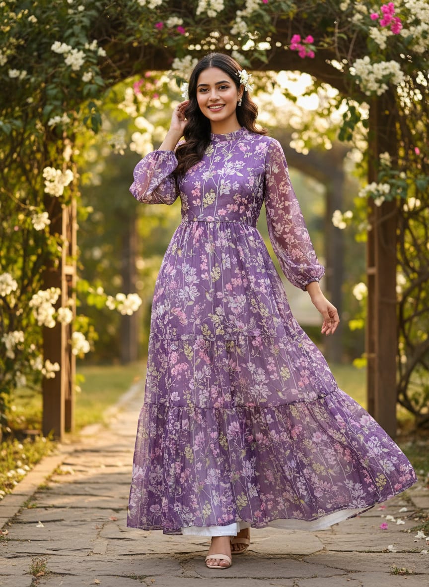 FAB VOGUE Studio Purple Floral Chiffon Fabric - Digital Printed Polyester