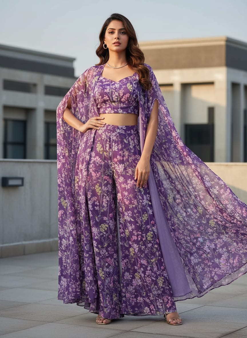 FAB VOGUE Studio Purple Floral Chiffon Fabric - Digital Printed Polyester