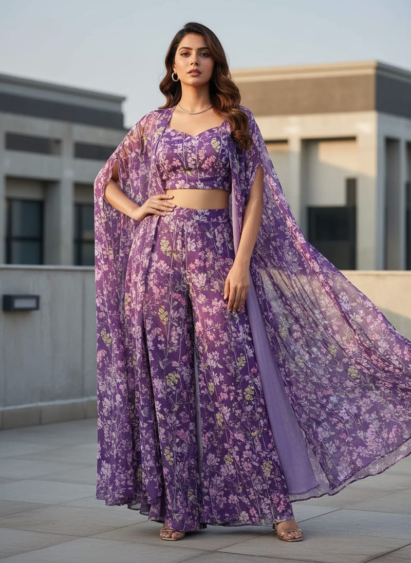 FAB VOGUE Studio Purple Floral Chiffon Fabric - Digital Printed Polyester