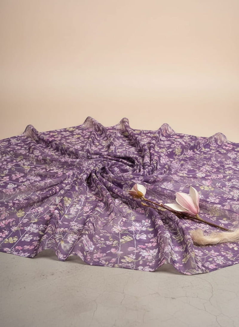 FAB VOGUE Studio Purple Floral Chiffon Fabric - Digital Printed Polyester