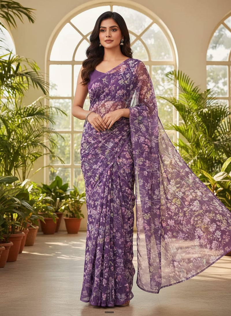 FAB VOGUE Studio Purple Floral Chiffon Fabric - Digital Printed Polyester