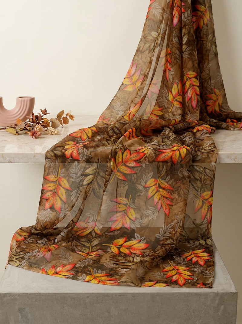 Brown Autumnal Botanical Leaves Chiffon Digital Printed Fabric