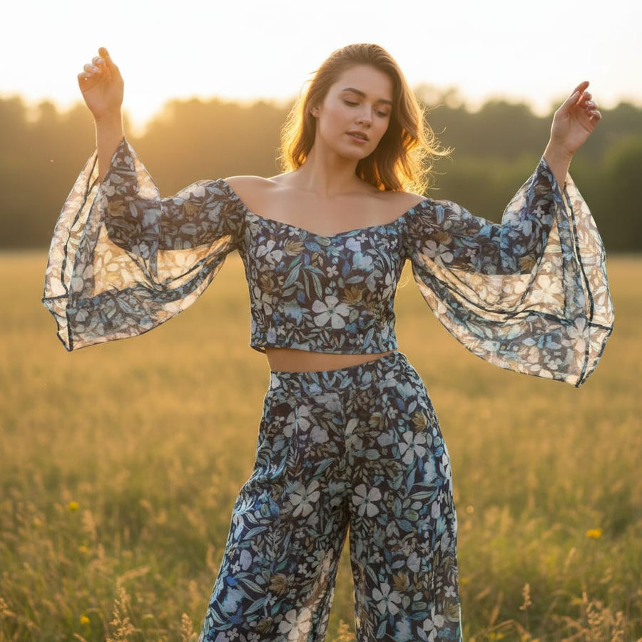 FAB VOGUE Studio Digital Printed Chiffon Fabric - Floral Blue
