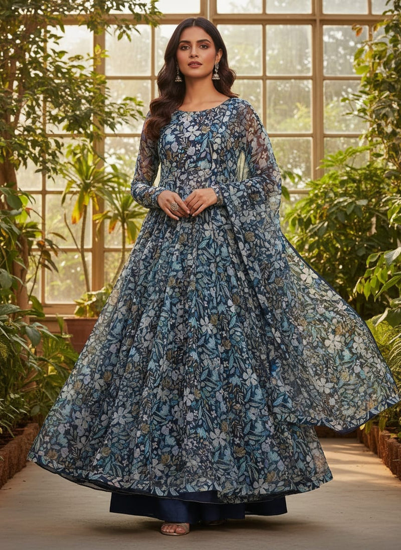 FAB VOGUE Studio Digital Printed Chiffon Fabric - Floral Blue