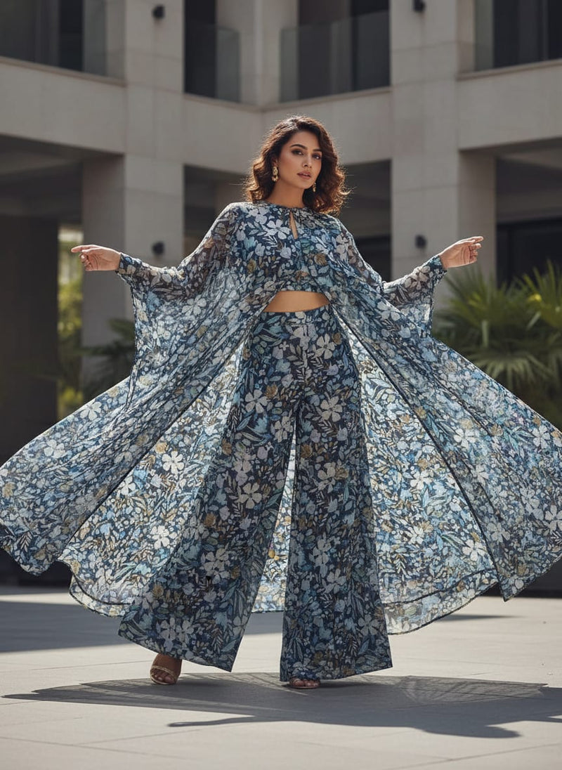 FAB VOGUE Studio Digital Printed Chiffon Fabric - Floral Blue
