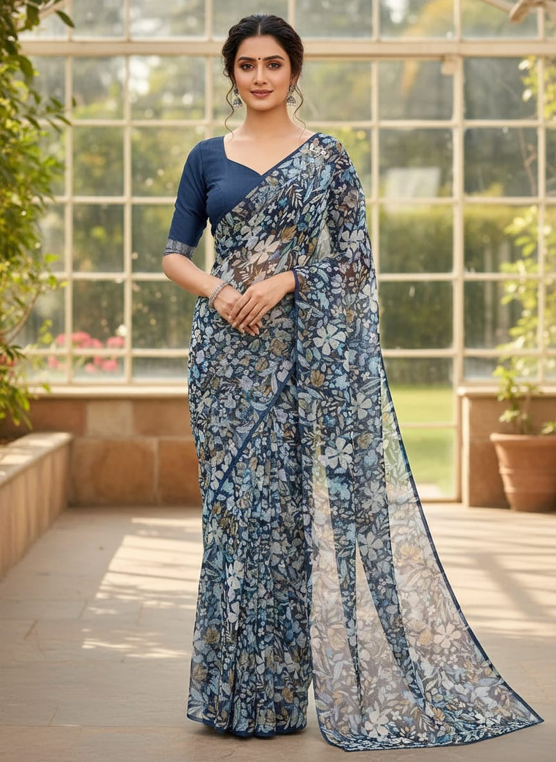 FAB VOGUE Studio Digital Printed Chiffon Fabric - Floral Blue