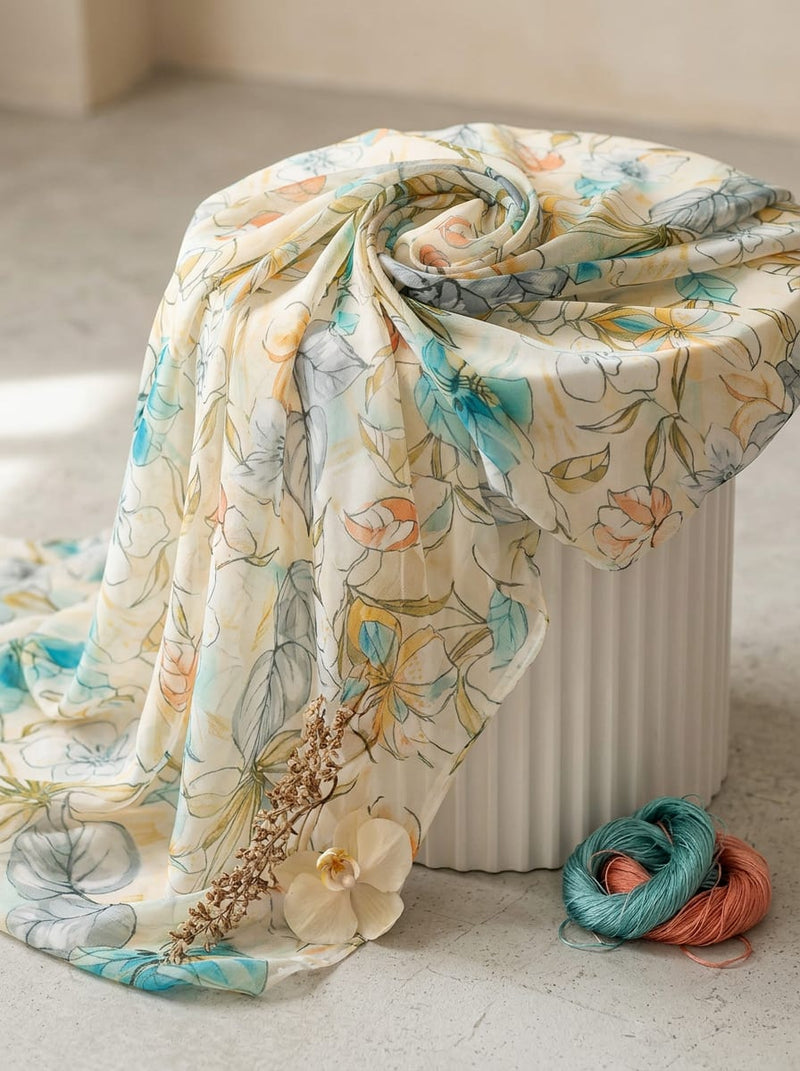 Multicolor Pastel Floral Sketch Chiffon Digital Printed Fabric