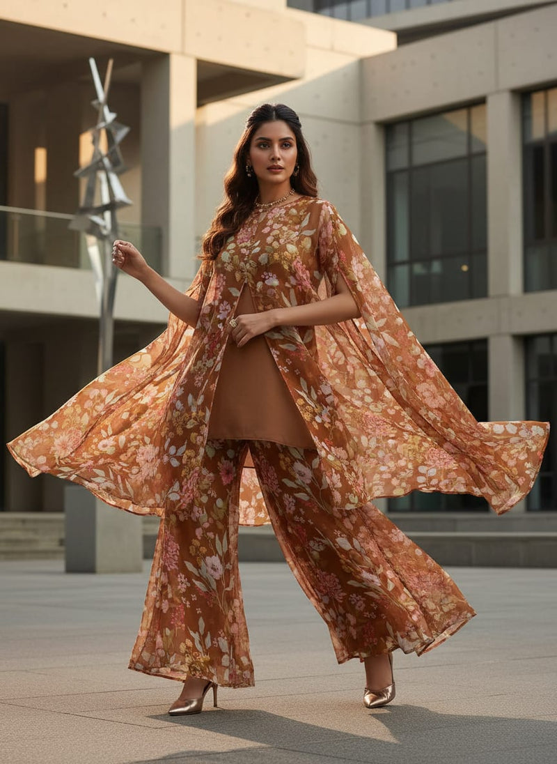 FAB VOGUE Studio Digital Printed Brown Chiffon Fabric - Floral Design