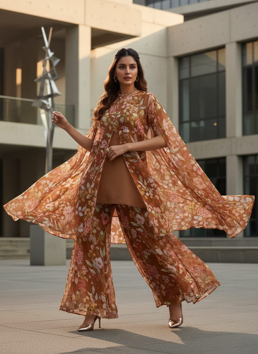 FAB VOGUE Studio Digital Printed Brown Chiffon Fabric - Floral Design