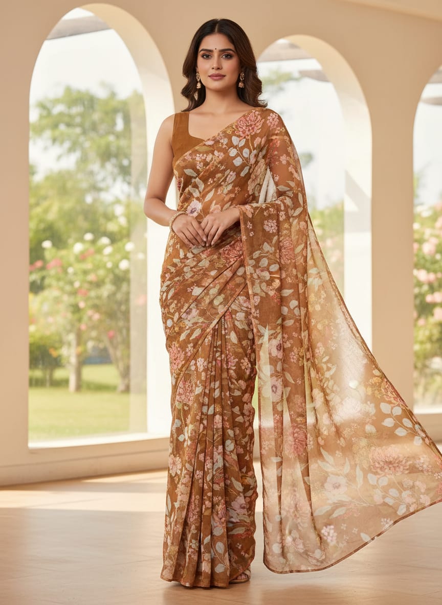 FAB VOGUE Studio Digital Printed Brown Chiffon Fabric - Floral Design