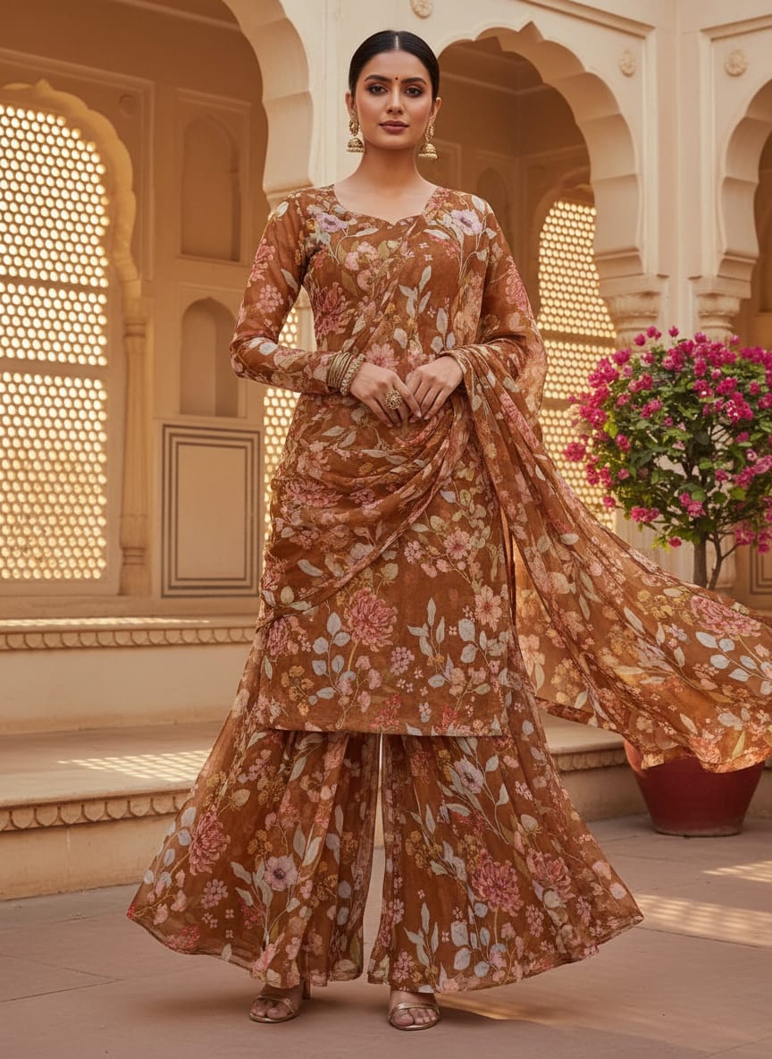 FAB VOGUE Studio Digital Printed Brown Chiffon Fabric - Floral Design