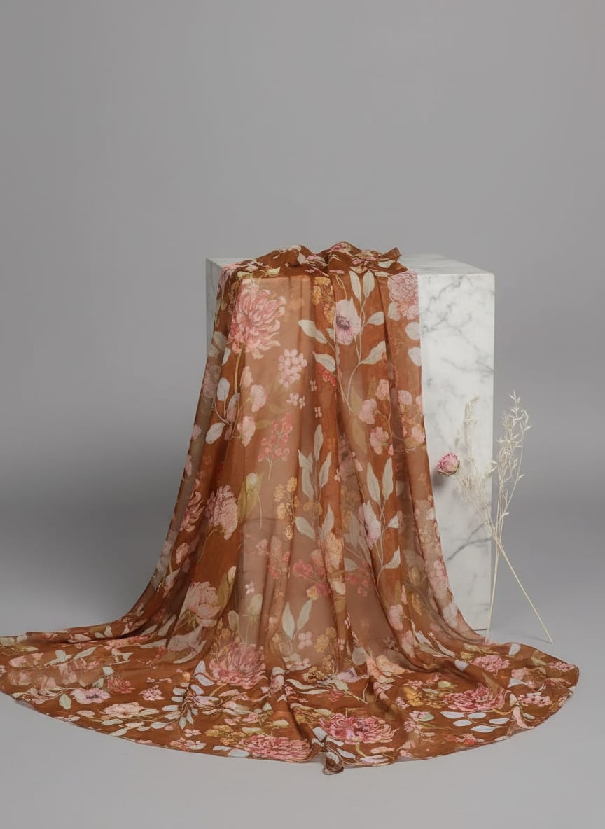 FAB VOGUE Studio Digital Printed Brown Chiffon Fabric - Floral Design
