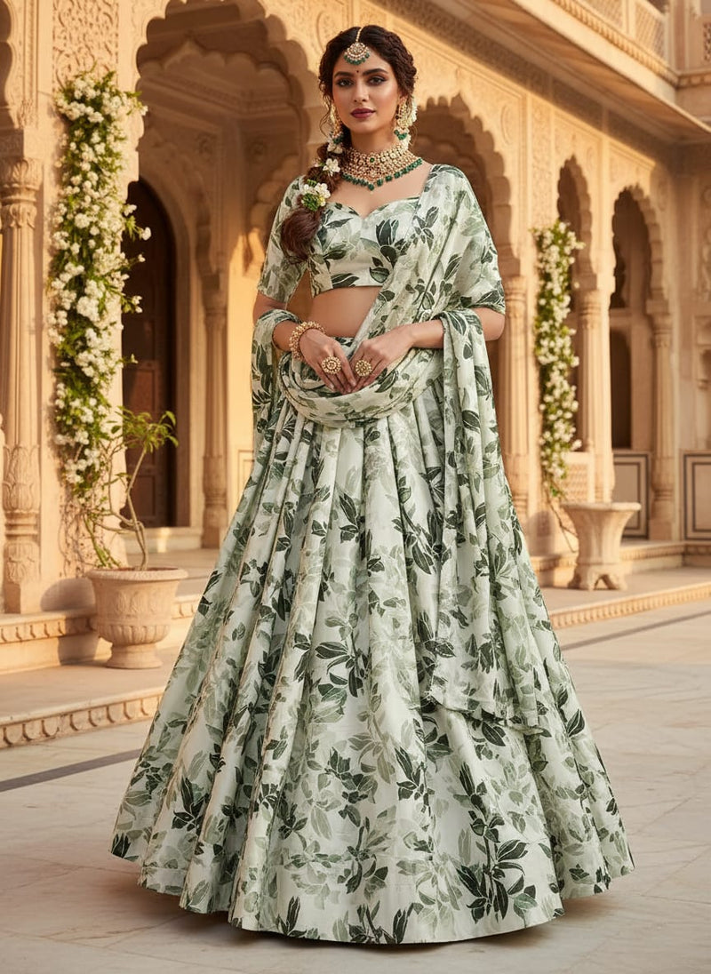 FAB VOGUE Studio Japan Satin Digital Printed Fabric - Green Floral Pattern