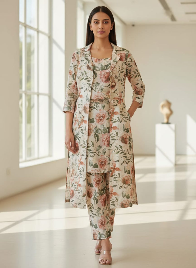 Beige Floral Linen Satin Fabric