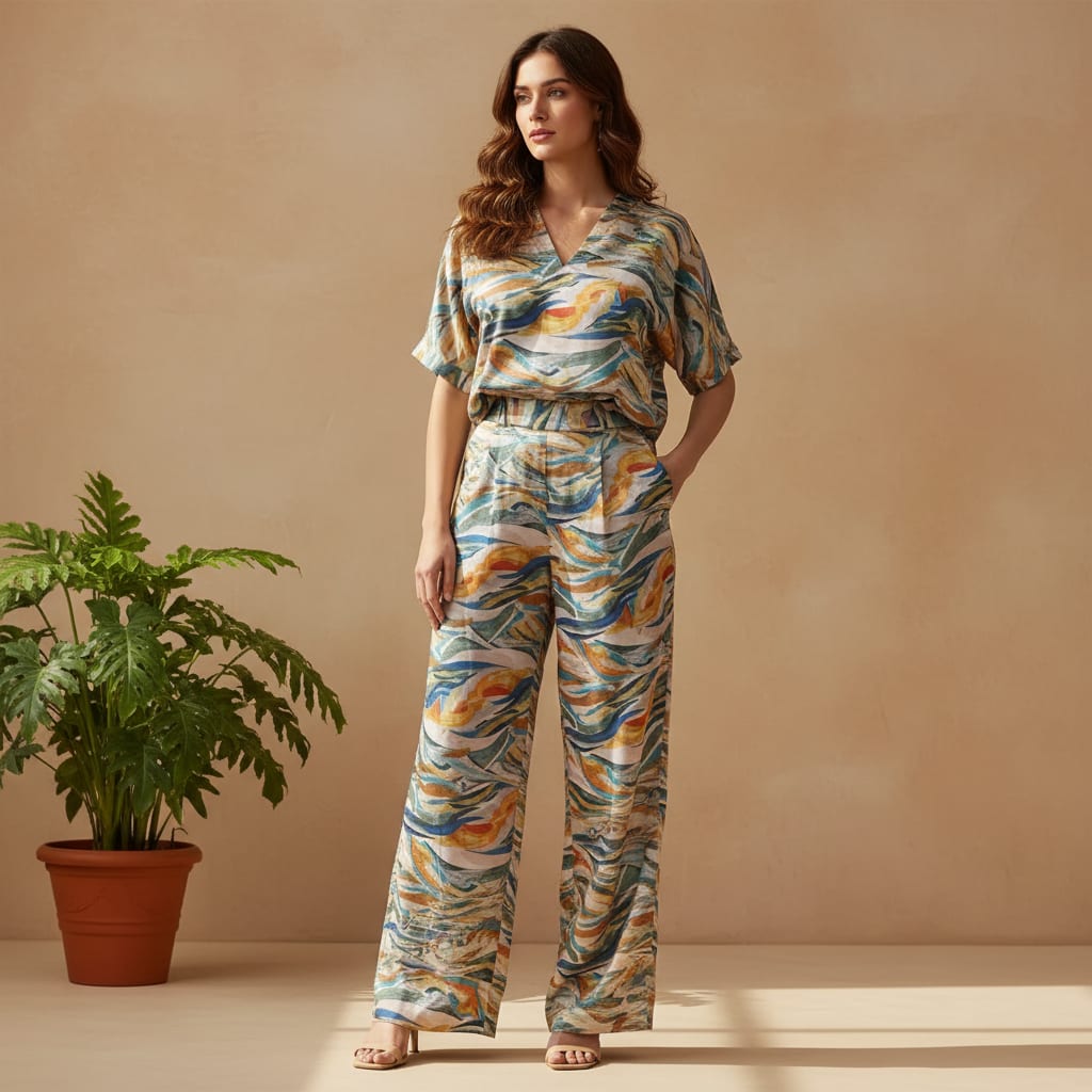 Abstract Print Linen Satin Fabric