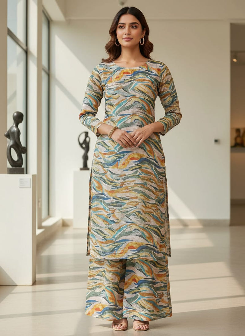 Abstract Print Linen Satin Fabric