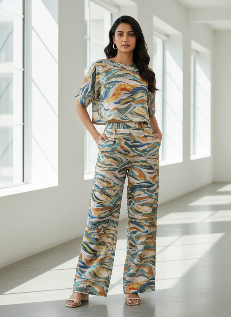 Abstract Print Linen Satin Fabric