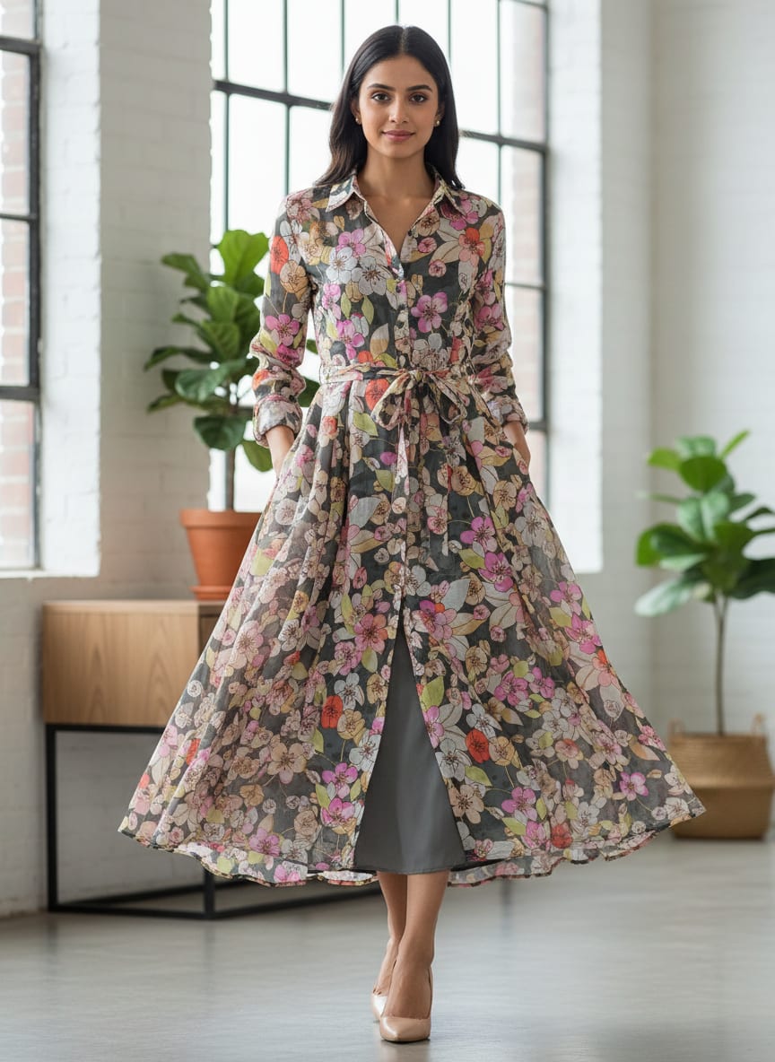 Black Floral Linen Satin Fabric