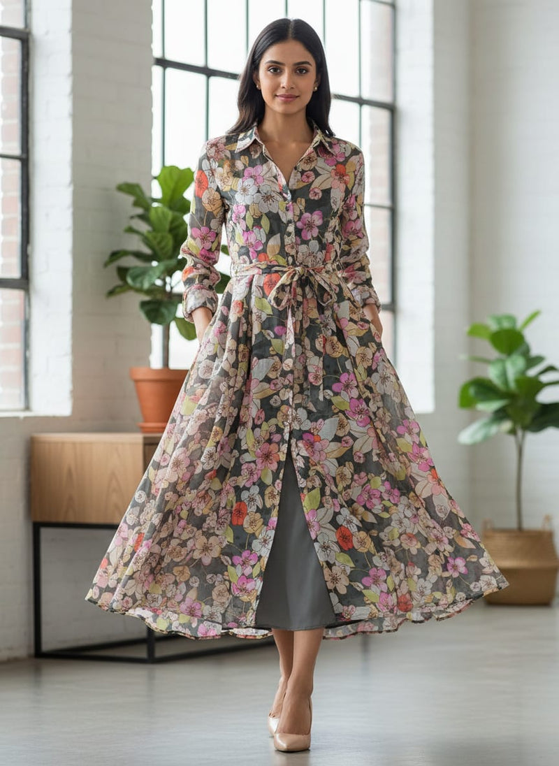 Black Floral Linen Satin Fabric